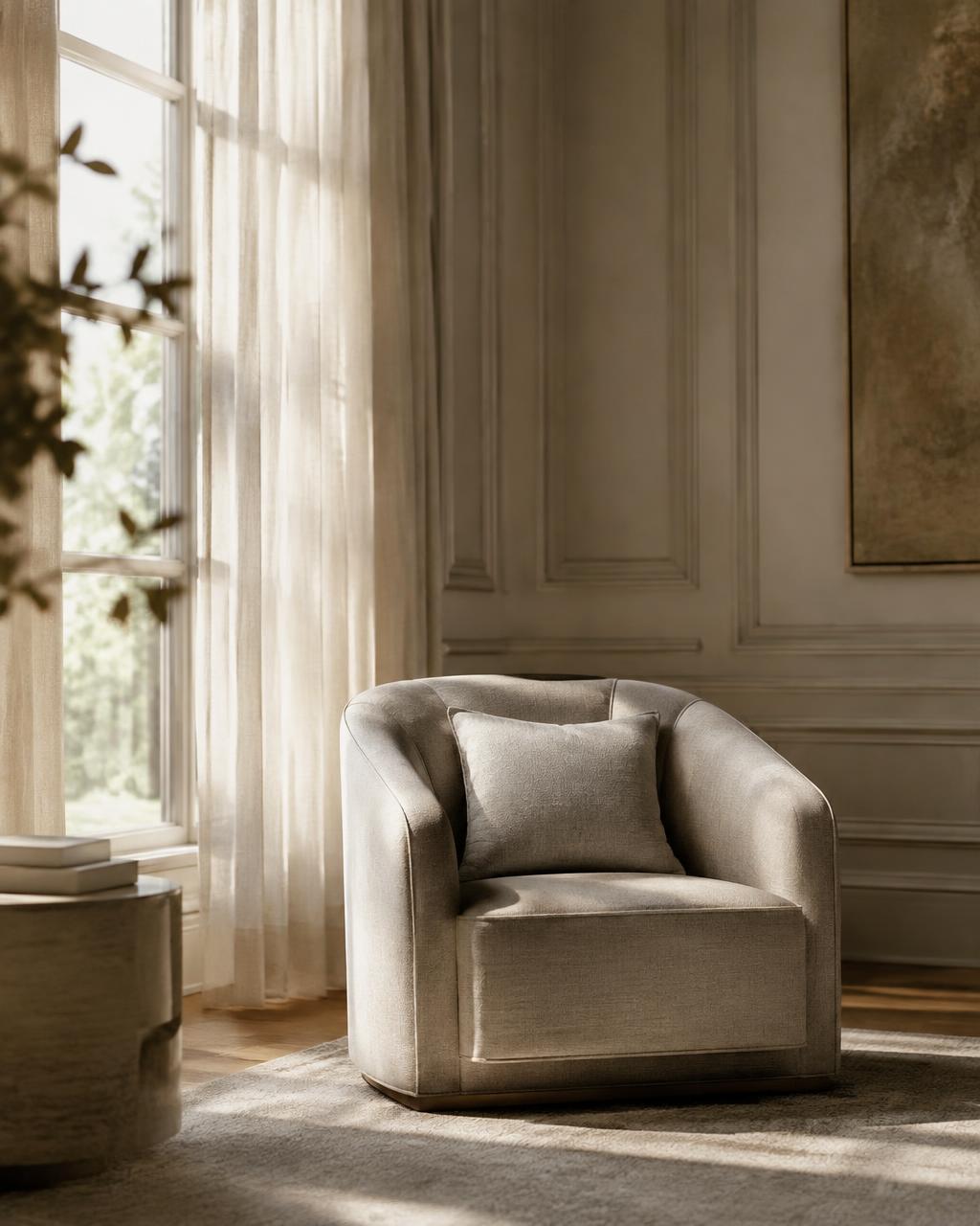 Placeholder for founder portrait — an elegant armchair in a sunlit room