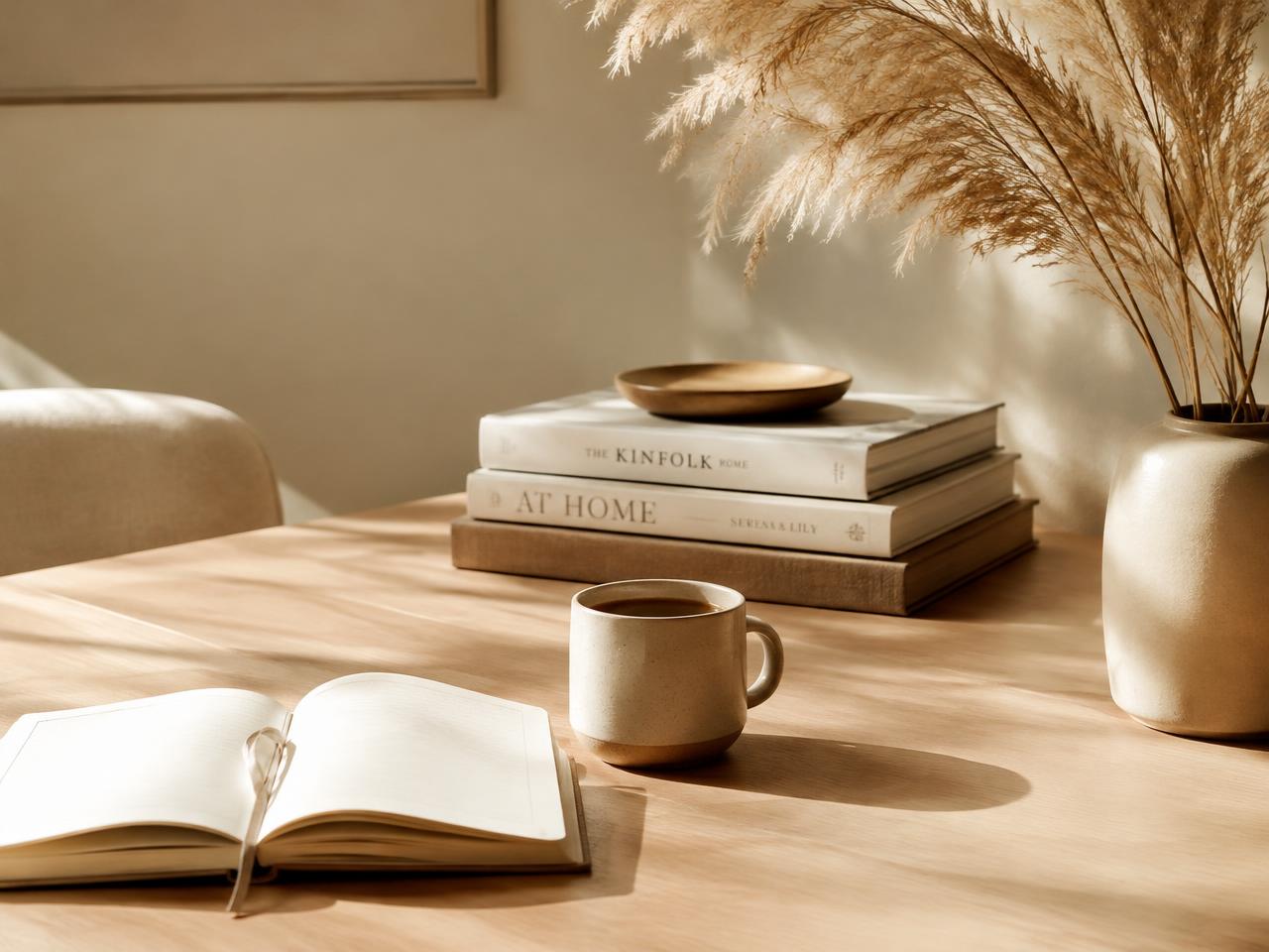 An open journal and coffee beside stacked books in warm morning light
